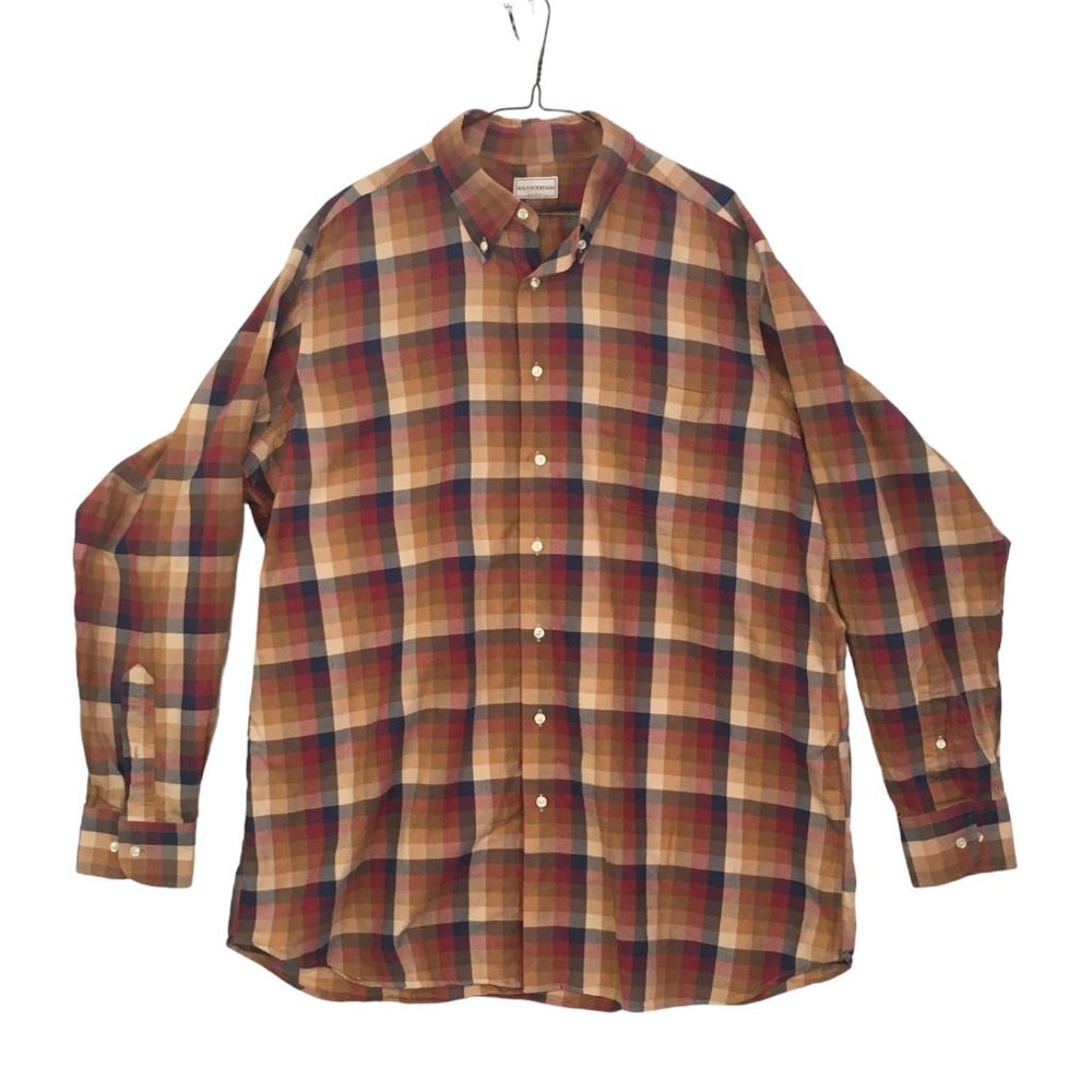 Maus & Hoffman Mens Brown Plaid Button Front Shirt, Long Sleeves, XL